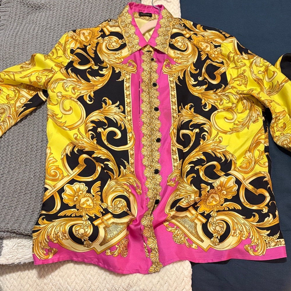 Versace Yellow and Pink Baroque Button Down Shirt